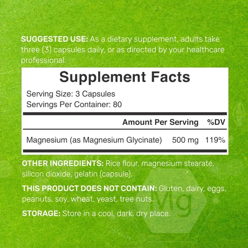 Vista 2 de Max Strength - Glicinato de magnesio de 500 mg por porción, 240 cápsulas 100% quelado para una fácil absorción Suplemento mineral esencial