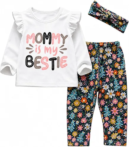 Vista 10 de KuKitty Conjunto de 3 piezas de ropa de bebé niña de manga larga con letras y pantalones casuales y diadema Amarillo