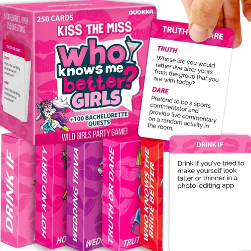 Vista 4 de QUOKKA Set de juegos de fiesta, colección Who Knows Me Better con 4 juegos en 1 caja, más de 2000 preguntas, juegos de cartas para adultos