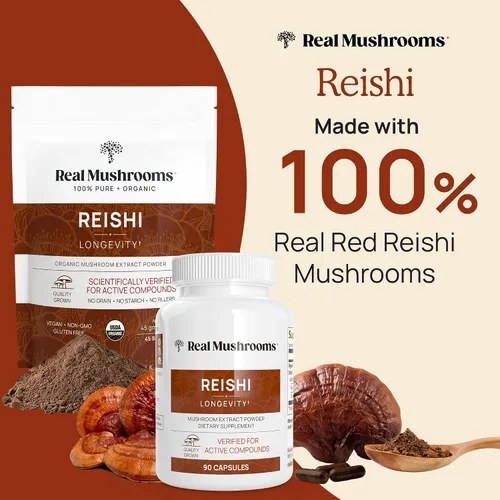 Vista 2 de Real Mushrooms Reishi & Cordyceps para humanos y hongos masticables relajantes para mascotas, paquete para relajación, energía e inmunidad, vegano
