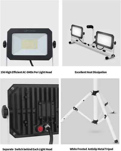 Vista 5 de Luz de trabajo LED UFOND de 10000 lúmenes con soporte, luces de trabajo de doble cabeza impermeables desmontables, proyector con interruptor