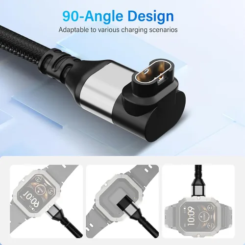 Vista 4 de Cable cargador de reloj Garmin en ángulo recto de 6 pies, paquete de 2 unidades, USB A de 90 grados a Garmin Cable adaptador de carga rápida