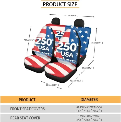 Vista 6 de Howilath 250 USA Anniversary - Juego de 4 fundas de asiento de automóvil de ajuste universal para asientos delanteros y traseros para uso en todas