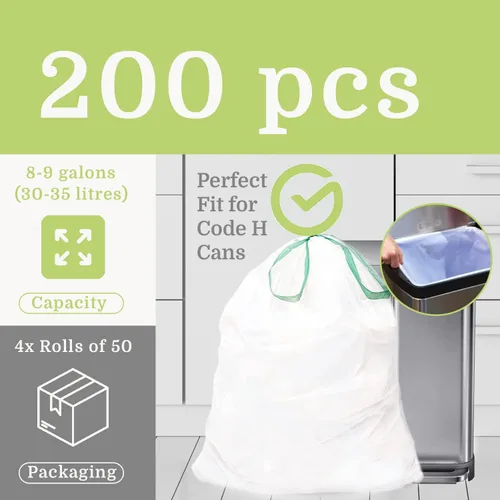 Vista 4 de Bolsas de basura compatibles con Simplehuman Code H, 200 unidades, ecológicas, con cordón blanco, fabricadas en los Estados Unidos con un 70%