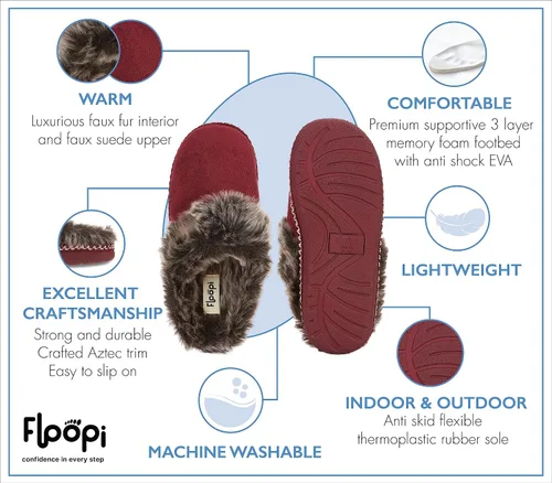 Vista 2 de Floopi Pantuflas de casa para mujer, con forro de piel azteca, pantuflas acogedoras de espuma viscoelástica con suela antideslizante para interiores