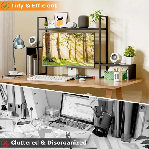 Vista 4 de WelFurGeer Organizador de Estante de Escritorio LED con Tira de Luz RGB, Estante de Escritorio de 2 Niveles para Monitor de Computadora, Marco