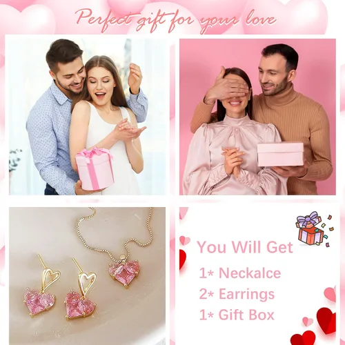 Vista 6 de Dcfywl731 Juego de aretes de San Valentín, collar de corazón rosa, aretes para mujer, juego de joyas de corazón con diamantes de imitación, regalo