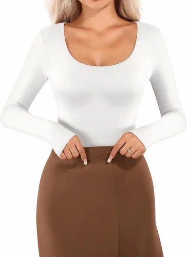 Vista 2 de MANGOPOP Women's Basic Bodysuits Scoop Neck Long Sleeve Body Suit Shirt Tops