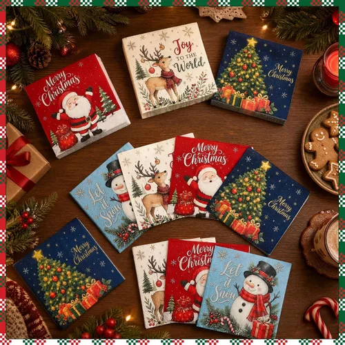 Vista 4 de Faccito 100 Pcs Christmas Napkins, Santa Paper Towel for Winter Holiday 3 Ply Disposable Cocktail Napkins, Merry Christmas Tree, Snowman, Elk, Xmas