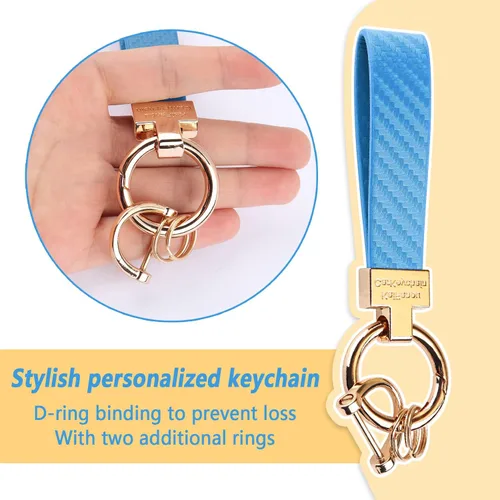 Vista 3 de Turcee Llavero de cuero de lujo con anillo D antipérdida, fibra de carbono brillante personalidad llavero de coche para mujereshombresmochilas
