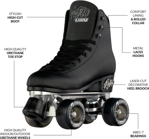 Vista 2 de Crazy Skates Retro Roller Skates Adjustable or Fixed Sizes Classic Quad Skates for Men, Women and Girls Negro