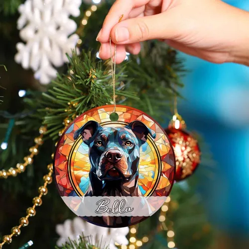 Vista 4 de Amstaff - Adornos personalizados para perros Amstaff para árbol de Navidad con nombre, adorno estilo vitral para perros, regalos para amantes