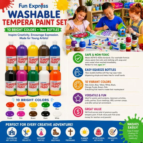 Vista 2 de Fun Express Juego de pintura de témpera lavable para niños, 10 colores vibrantes (botellas exprimibles de 16 onzas, 160 onzas líquidas a granel)