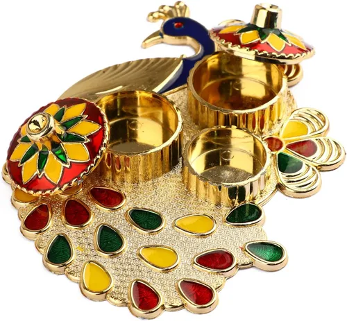Vista 3 de SATVIK - Soporte para chawal/arroz Kankavati Thali Roli con tapa, soporte Kumkum Haldi Rakhi Pooja Thali Indian Festival Diwali Pujan Mandir Tika