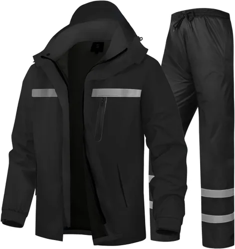 Vista 7 de Traje de lluvia para hombre, de alta visibilidad, reflectante, para trabajo, chaqueta de lluvia, pantalones para todos los deportes, granja, pesca