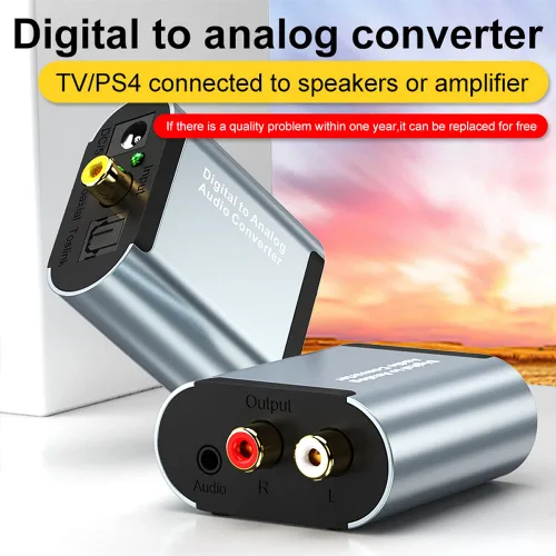 Vista 2 de Tianle Convertidor DAC de 192 KHz, convertidor digital SPDIF Toslink a audio estéreo analógico, adaptador R/L con cable óptico, conector de 0.138 in