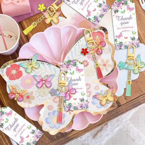 Vista 6 de BANBALLON 12 juegos de recuerdos de fiesta de mariposa, llavero con borla, decoración de fiesta de hadas con bolsa de gasa de flores de mariposa