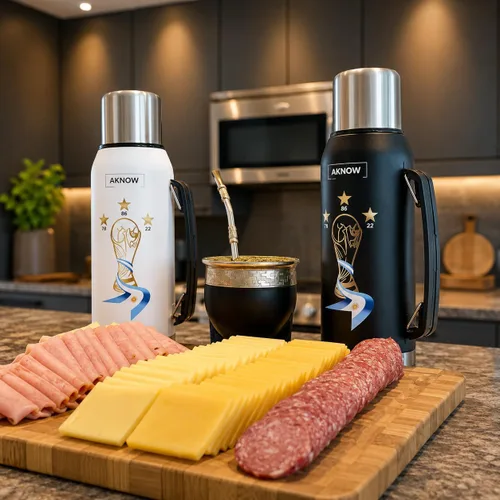 Vista 8 de Thermo Argentino mate agua Copa del Mundo Botella de acero inoxidable con bandera argentina 1LT (negro)