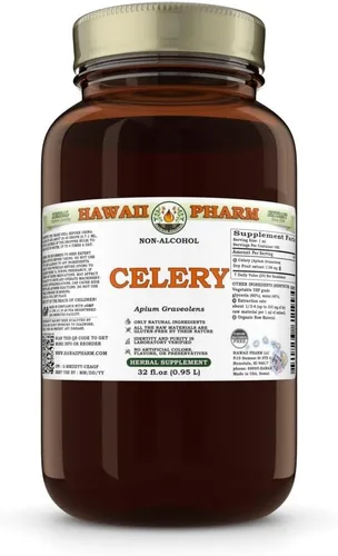 Vista 2 de Extracto líquido sin alcohol de apio, apio orgánico (Apium graveolens) Fruta seca Glicerita Hawaii Pharm Suplemento herbario natural 2 x 32 oz sin