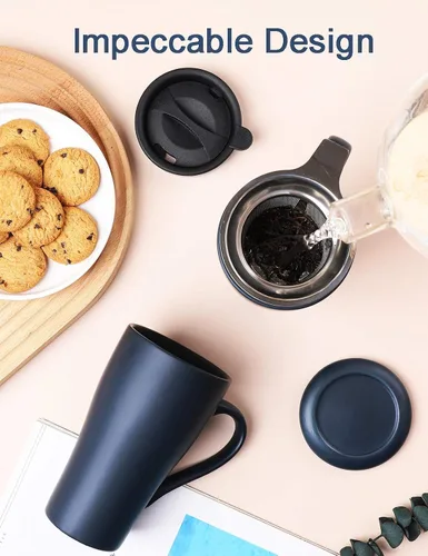 Vista 5 de Taza de té con infusor y 2 tapas, taza infusor de té grande de 18 onzas, taza coladora de té para hojas sueltas, taza de viaje con soporte para Azul