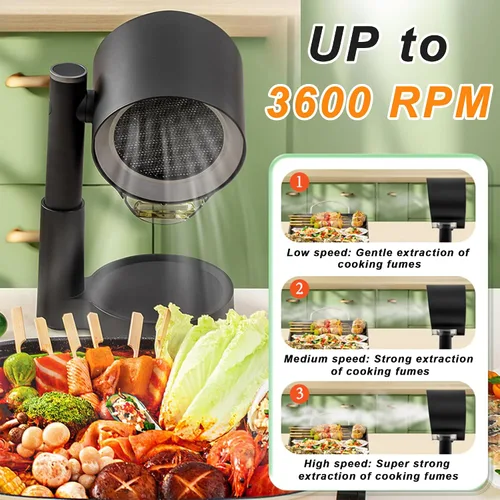 Vista 2 de Campana extractora portátil para cocina de RV, BBQ, olla caliente, ventilador de escritorio para cocina con 3 velocidades, altura telescópica, bajo