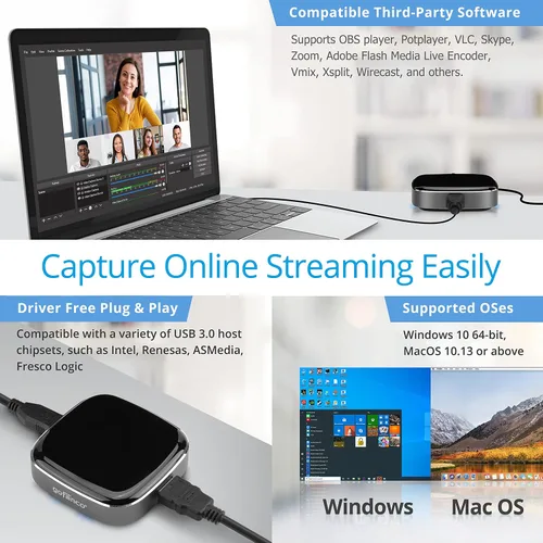 Vista 5 de gofanco Dispositivo de captura de video HDMI USB 3.0: captura, transmite, comparte juegos, captura de juegos, hasta 4K @30Hz y 1080p @120Hz, baja