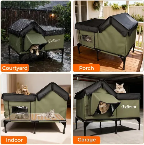 Vista 7 de Casa climatizada para gatos para exteriores, refugio de invierno aislado a la intemperie con base elevada y ventana transparente, puerta de escape