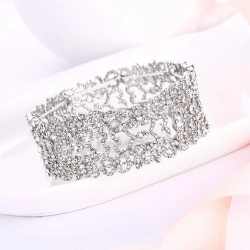 Vista 4 de EVER FAITH Pulsera elástica de cristal austríaco con corazón Art Deco para mujer, transparente