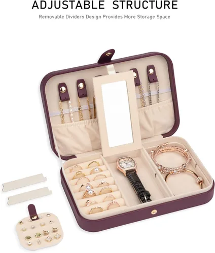 Vista 4 de V-LAFUY Organizador de viaje de joyería caja de joyería de viaje portátil pequeño estuche de joyería de viaje con espejo caja de joyería pequeña