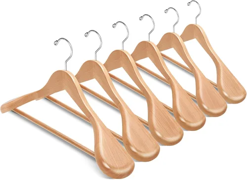 Vista 8 de Amber Home Paquete de 6 Perchas de Traje de Madera de Bambú Natural de Hombros Anchos, Perchas de Ropa de Bambú con Barra para Pantalones, Perchas