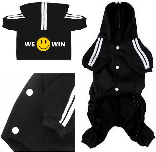 Vista 4 de Weowin - Traje para mascotas – Lindo suéter con capucha para perro, ropa de invierno, pijama de 4 patas, color negro para cachorros, perros