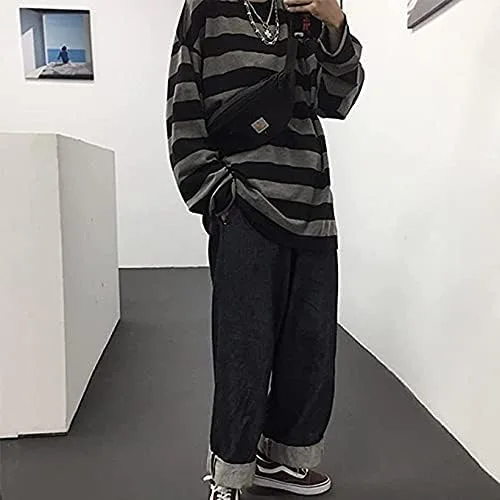 Vista 4 de Chvity Harajuku - Camisetas de manga larga para mujer, estilo casual, cuello redondo, bloque de color, rayas