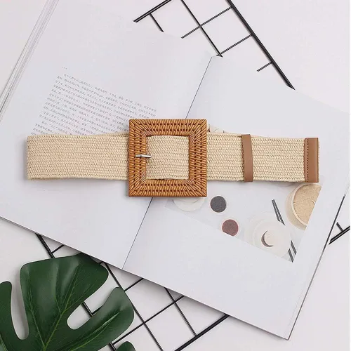 Vista 6 de Cinturón ceñido de paja tejida para mujer, elástico, de moda, con hebilla de madera.