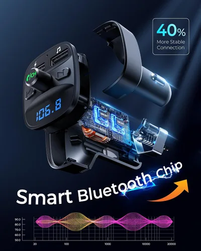 Vista 3 de LENCENT Transmisor FM, transmisor FM Bluetooth, adaptador de radio inalámbrico, kit de coche con carga USB dual, receptor de audio, cargador
