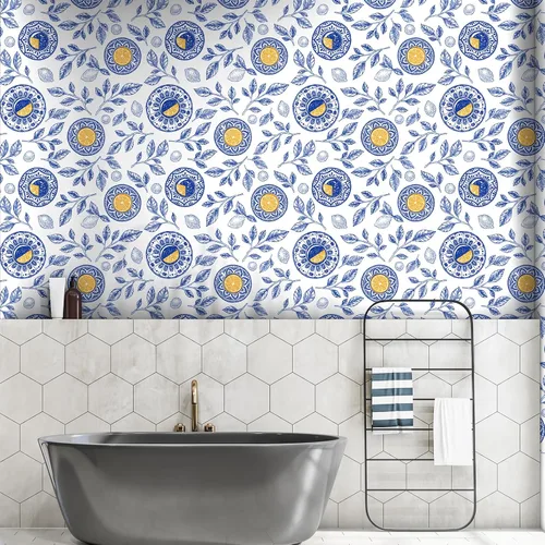 Vista 2 de VaryStyle Papel tapiz de limón de 17.7 x 118 pulgadas, color azul brillante/amarillo, hojas de cítricos, papel tapiz para despegar y pegar, papel