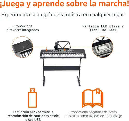 Vista 3 de Amazon Basics Piano de teclado eléctrico con 61 teclas, altavoces integrados, canciones para aprender, color negro