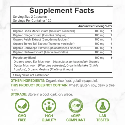 Vista 2 de Suplemento orgánico de hongos 10 en 1, 240 cápsulas – Melena de león, cola de pavo, reishi, cordyceps y más complejo de hongos – Apoyo inmunológico
