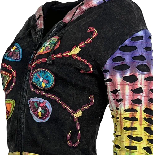 Vista 20 de Agan Traders Chaquetas bohemias con cremallera para mujer, con parches de teñido anudado, sudaderas ligeras con capucha para mujer 2025