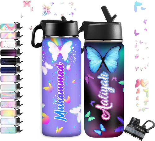 Vista 31 de InterestPrint Botella de agua personalizada para niños de 18 onzas con tapa de pajilla, botella de agua aislada de doble pared de acero inoxidable
