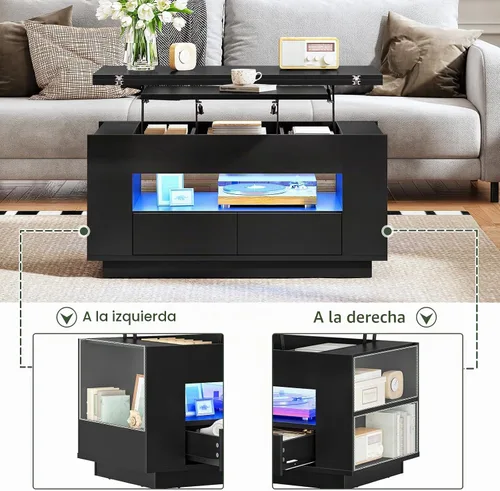 Vista 5 de CHOEZON Mesa auxiliar elevable de 40 pulgadas con 2 cajones, luces LED y almacenamiento, mesa central multiusos 4 en 1 con base flotante, para sala