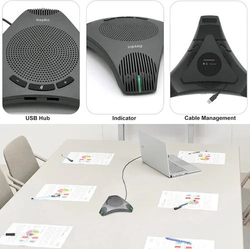 Vista 2 de Altavoz USB con doble concentrador, micrófono omnidireccional para sala de conferencias, altavoces de computadora con micrófono para oficina
