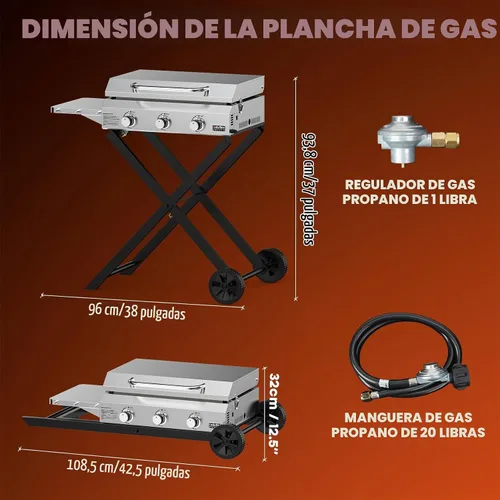 Vista 2 de ONLYFIRE GRILLS Plancha de gas propano de 3 quemadores con carro plegable