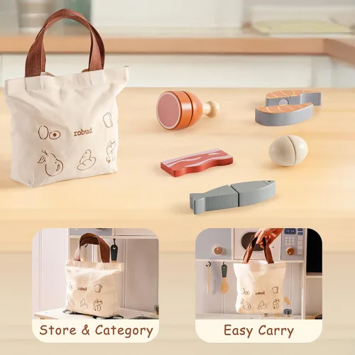 Vista 11 de ROBUD Juego de Comida de Madera para Jugar, Alimentos de Juguete para Cortar para Cocina de Simulación de Niños, Accesorios de Juguete de Cocina