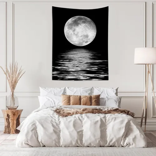 Vista 2 de LB Tapiz pequeño de luna llena sobre océano, tapiz de pared de cielo nocturno estrellado, fantasía 3D, arte de pared de luna grande en blanco