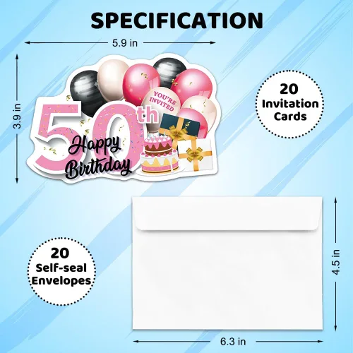 Vista 2 de ERHACHAIJIA 20 globos dorados rosados y negros y tarjetas de invitaciones en forma de pastel con sobres, divertidas fiestas de cumpleaños 50