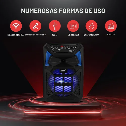 Vista 3 de Pyle Altavoz PA Bluetooth y sistema de micrófono, altavoz de karaoke portátil con micrófono con cable, luces LED de fiesta integradas, radio FM