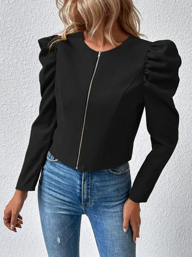 Vista 4 de SOLY HUX Chaqueta corta casual de manga larga abombada con cremallera para mujer