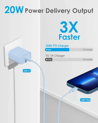 Vista 2 de AISNI Bloque de Cargador Rápido para iPhone 14 13 12 con Cable de Carga Rápida de 10 Pies, Certificado MFi, Cargador de iPhone USB C PD de 20W de 10
