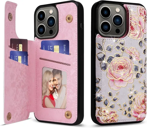 Vista 20 de UEEBAI Funda tipo cartera para iPhone 13 con tarjeteros, piel sintética, diseño floral, función atril, bloqueo RFID, doble cierre magnético, funda