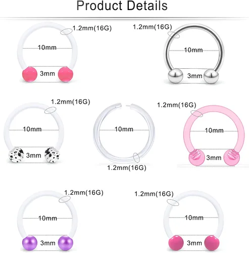 Vista 5 de Cisyozi Anillos de tabique de plástico transparente 16G, joyería para cirugía, herraduras, tabique flexible, nariz, ceja, labio, cartílago, hélix